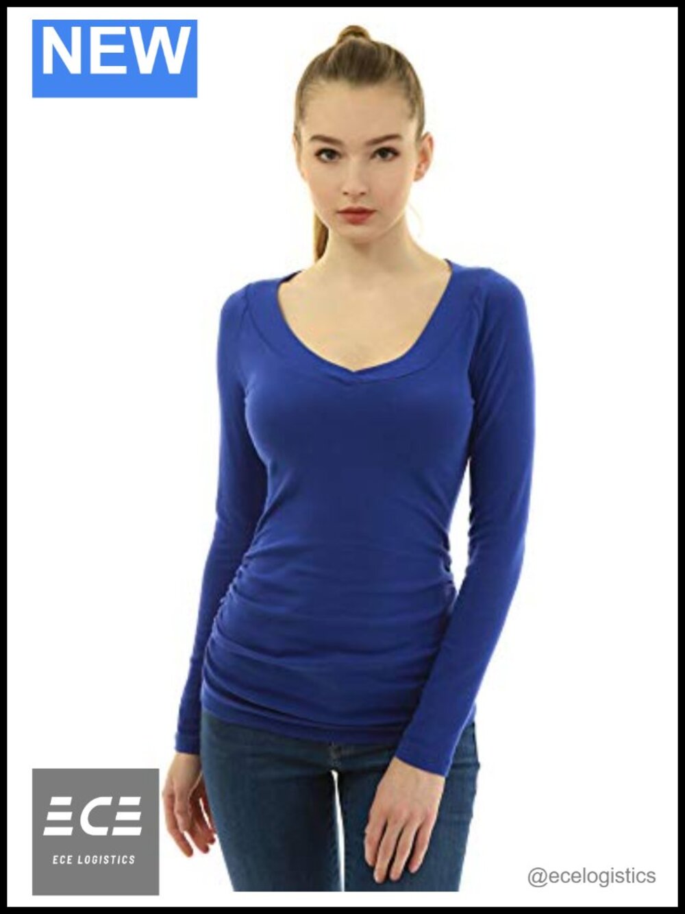 Women V Neck Raglan Long Sleeve Ruched Sides Fitted Blouse Tunic